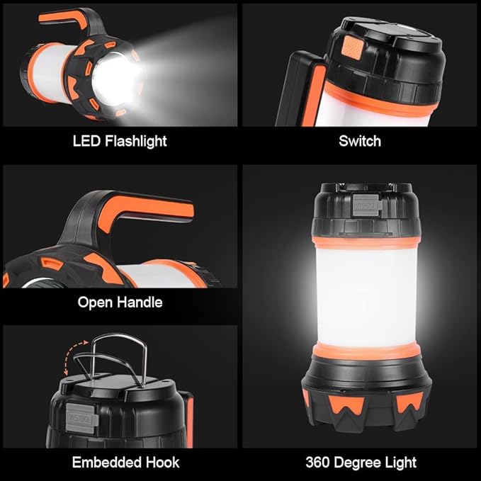 Ainiv Camping Lantern, Rechargeable Flashlight with 1000 LM, 6 Modes LED Torch Outdoor Searchlight Tent Light, IPX5 Waterproof Emergency Light with 4000mAh Power Bank for Outdoor, Hiking - Orange