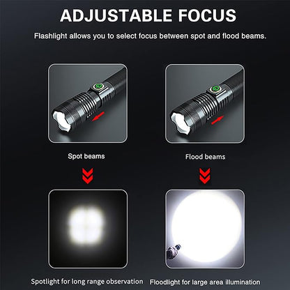 600000 Hign Lumen Handheld Flashlight Rechargeable LED Tactical Flashlight with 5 Modes Waterproof for Camping Hiking Outdoor Biking Emergency Self Defense