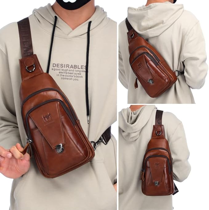 KPYWZER Vintage Leather Sling Bag Bags for Men Women Backpack Shoulder Messenger Crossbody Outdoor Travel Hiking Camping Tactical Chest Pack Daypack Brown