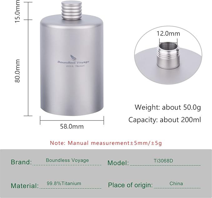 Boundless Voyage Titanium Hip Flask Pocket Flagon Camping Portable Alcohol Bottle Drink Sports Water Bottle 200ml/6.7oz-Ti3068D