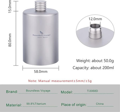 Boundless Voyage Titanium Hip Flask Pocket Flagon Camping Portable Alcohol Bottle Drink Sports Water Bottle 200ml/6.7oz-Ti3068D
