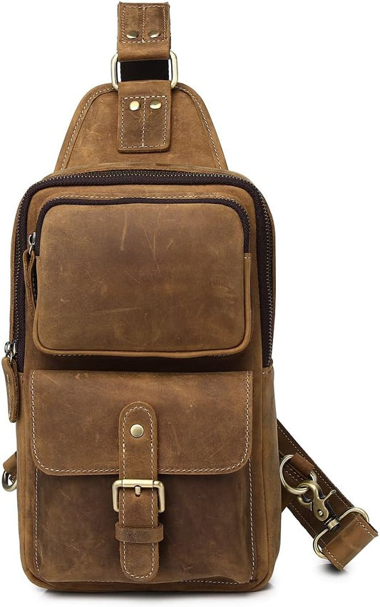 KPYWZER Sling Bag Men Women Vintage Full Grain Genuine Leather Shoulder Backpack Satchel Chest Casual Daypack Crossbody Outdoor Day Pack Backpacks Brown
