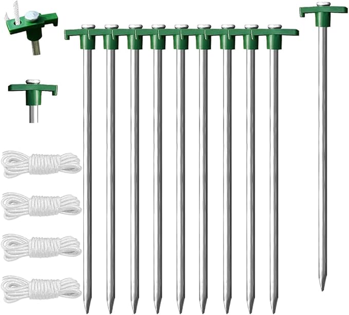Eurmax USA Galvanized Non-Rust Camping Family Tent Pop Up Tent Stakes Canopy Anchors Heavy Duty 10pc-Pack, with 4x10ft Ropes & 1 Green Stopper
