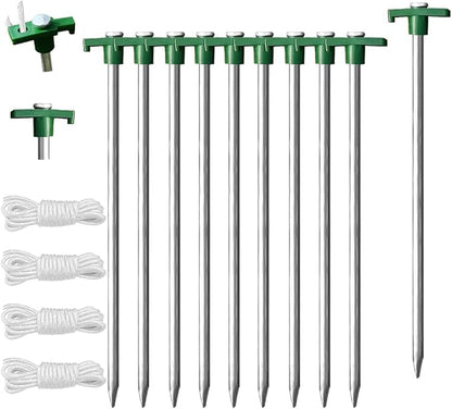 Eurmax USA Galvanized Non-Rust Camping Family Tent Pop Up Tent Stakes Canopy Anchors Heavy Duty 10pc-Pack, with 4x10ft Ropes & 1 Green Stopper