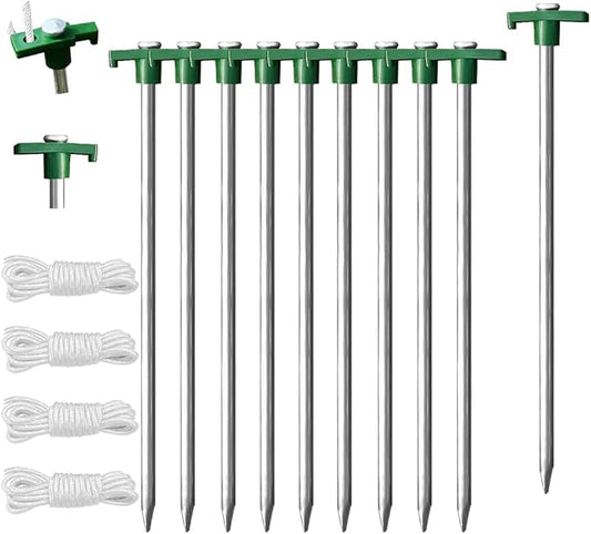 Eurmax USA Galvanized Non-Rust Camping Family Tent Pop Up Tent Stakes Canopy Anchors Heavy Duty 10pc-Pack, with 4x10ft Ropes & 1 Green Stopper