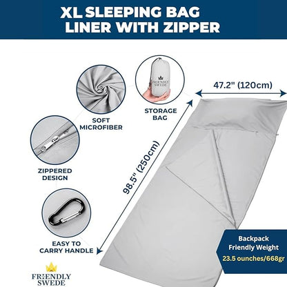 The Friendly Swede Sleeping Bag Liner — Ultralight Polyester or Cold Weather Microfiber Adult Sleep Sack; Thin Travel Sheets for Hotel; Camping Sheets; Travel Sleeping Bag with Pocket-Size Stuff Sack