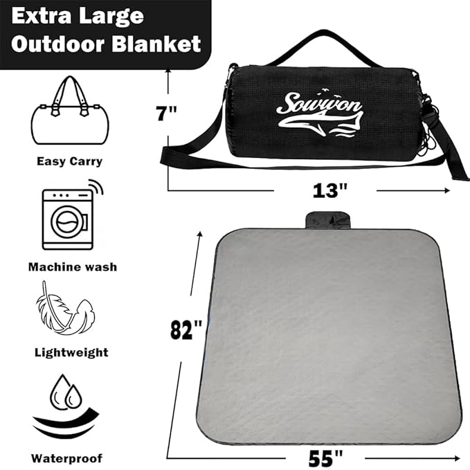 Waterproof Outdoor Blanket 82”X 55” Packable, Stadium Blankets for Camping with Quilted Fleece Lining, Large Windproof Emergency Throw Mat for Garss Picnic Hiking Road Trip, Machine Washable, Black