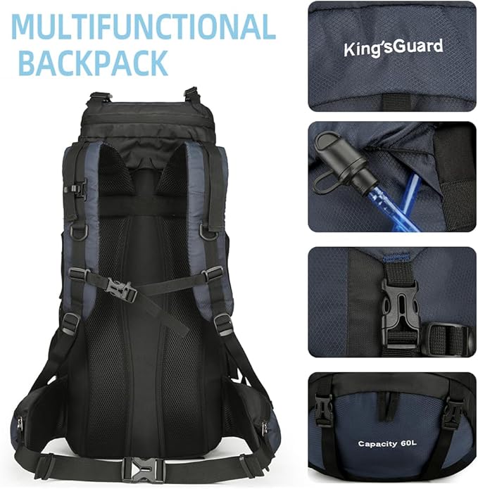 King'sGuard 60L Hiking Backpack Men Women Camping Backpack Waterproof Backpacking Mountaineering Climbing Daypack with Rain Cover (Navy)