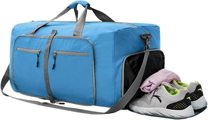 Dimayar Travel Duffle Bag for Men Women - Foldable Duffel Bag with Shoes Compartment - Overnight Bags Waterproof & Tear Resistant(65L,Light Blue)