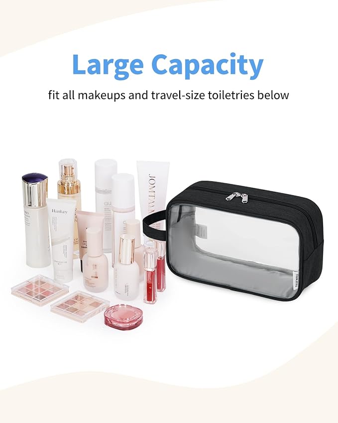 Narwey Clear Travel Toiletry Bags for Traveling Toiletries Men Women, Clear Makeup Bag Cosmetic Bag with Zipper, Make Up Pouch Organizer Bags with Handle, Skincare Bag (Black)