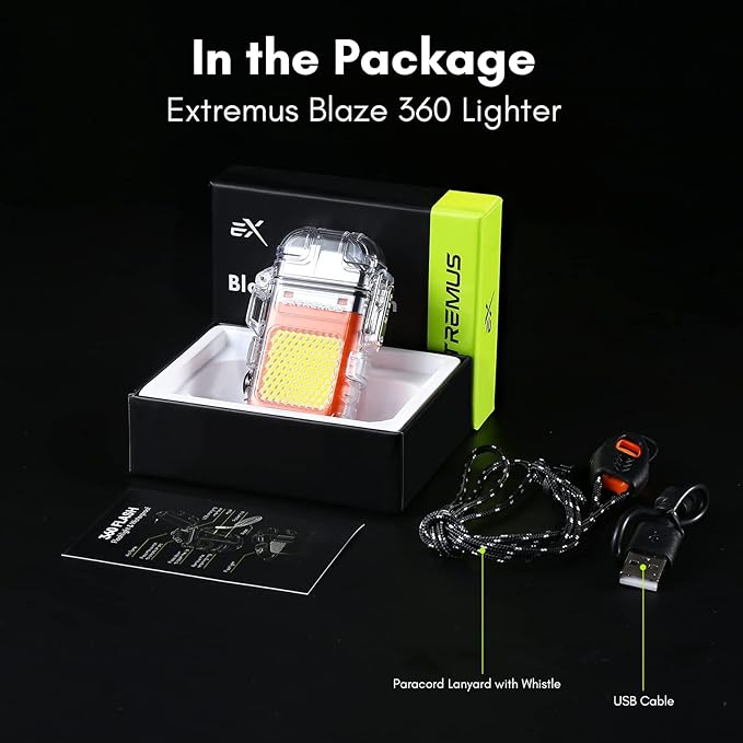 Extremus Blaze 360 Rechargeable Electric Lighters, Dual Arc Lighter, Windproof Plasma Lighter, Waterproof Lighter, Flameless Lighter with Whistle Lanyard for Camping (Orange Flash)