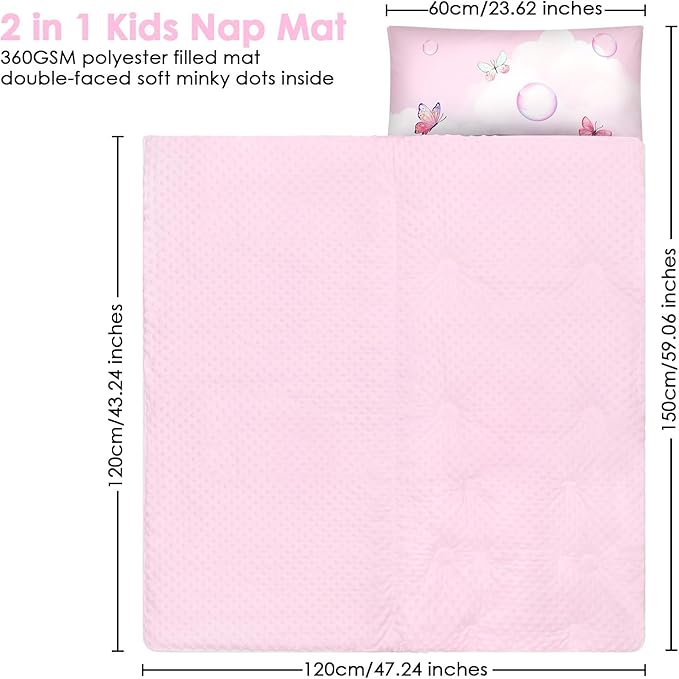 Kids Sleeping Bag Toddler Nap Mat with Removable Pillow, Large Foldable Sleeping Bag for Girls Boys, Easy Clean Slumber Bag with Double Zip for Camping School Preschool Daycare, 59×24 inch