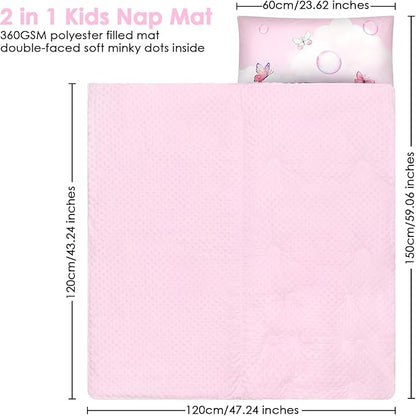Kids Sleeping Bag Toddler Nap Mat with Removable Pillow, Large Foldable Sleeping Bag for Girls Boys, Easy Clean Slumber Bag with Double Zip for Camping School Preschool Daycare, 59×24 inch