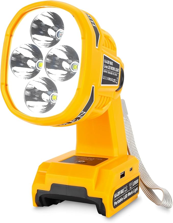 Cordless LED Flashlight for Dewalt 20V 60V Battery, 22W LED Work Light with USB-A&USB-C 2.1A Fast Charging Ports for Jobsite, Car Repairing, Camping, Emergency