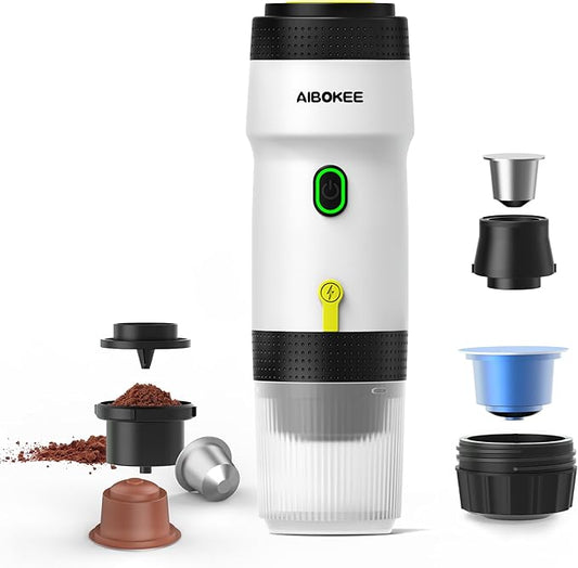 Portable Espresso Maker,Travel Coffee Maker for Camping, Car Coffee Maker Self-Heating with USB-DC,3-in-1 Extraction of 8g Ground Coffee & NS Capsule for Hiking,Office,RV(White)