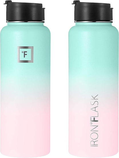 IRON °FLASK Camping & Hiking Hydration Flask, Wide Mouth, 3 Straw Lids, Stainless Steel Outdoor Water Bottle, Double Walled, Insulated Thermos, Metal Canteen - Bubble Gum, 18 Oz