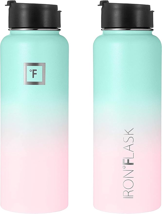 IRON °FLASK Camping & Hiking Hydration Flask, Wide Mouth, 3 Straw Lids, Stainless Steel Outdoor Water Bottle, Double Walled, Insulated Thermos, Metal Canteen - Bubble Gum, 40 Oz