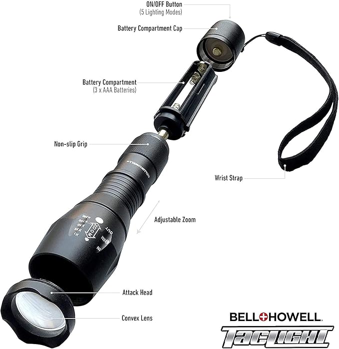Taclight Flashlight by Bell+Howell High Lumens LED Tactical Flashlight 5 Modes & Zoom Function 40X Brighter Water Proof Handheld Flashlight for Emergency Camping Accessories As Seen On TV Set of 3