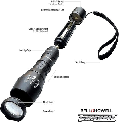 Taclight Flashlight by Bell+Howell High Lumens LED Tactical Flashlight 5 Modes & Zoom Function 40X Brighter Water Proof Handheld Flashlight for Emergency Camping Accessories As Seen On TV Set of 3