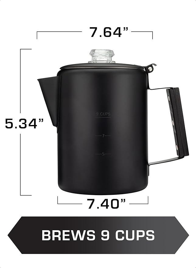 COLETTI Black Bozeman Percolator Coffee Pot — Camping Coffee Pot, Coffee Percolator – America’s Sleekest Percolator – Pure Stainless Steel, NO Aluminum or Plastic (9 Cup)