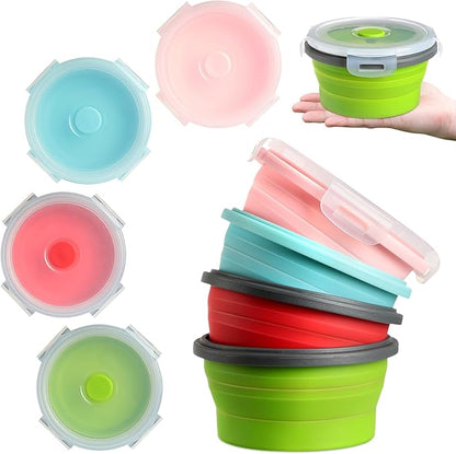 4 Pcs Camping Bowl with Lid Collapsible Silicone Bowl Lunch Box Salad Bowl Expandable Food Storage Container Set Folding Travel Bowl for Hiking Heat (Red, Pink, Blue, Green,17 oz)