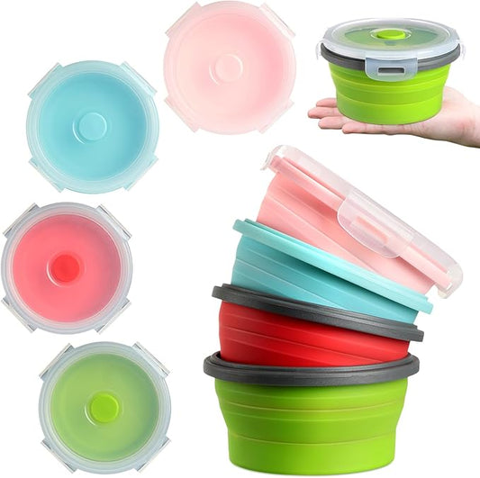 4 Pcs Camping Bowl with Lid Collapsible Silicone Bowl Lunch Box Salad Bowl Expandable Food Storage Container Set Folding Travel Bowl for Hiking Heat (Red, Pink, Blue, Green,17 oz)