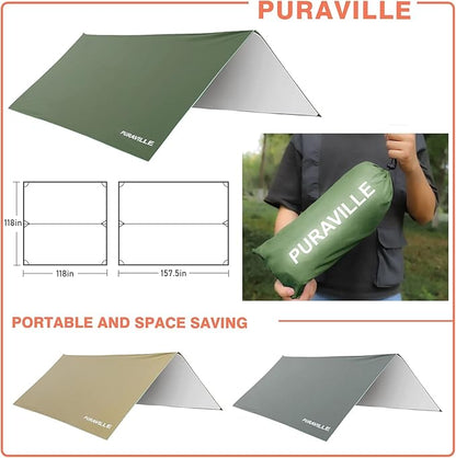 Puraville Rain Fly Camping Tarp 3000mm+ Ultra Waterproof Resistant Sun Shade Lightweight Hammock Tent Tarp with Multifunctional Camping Accessories (10X10 ft Green)