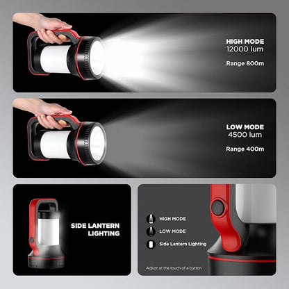 Rechargeable Spotlight Super Bright 12000 Lumen LED Flashlight Handheld Spotlight 10000mAh Long Lasting Large Flashlight Searchlight for Camping Outdoor Hunting Emergency as Gift