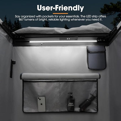SanHima Awning Shower Tent with 90° Swning Arm - Car Side Shower Room w/LED Light, Camping Waterproof Portable Privacy Shelter Bathroom Overland, Gray