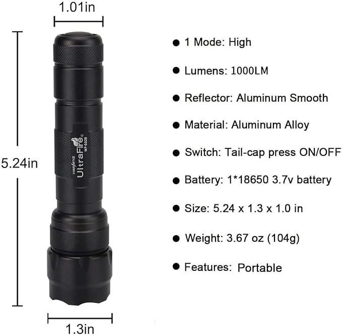 ULTRAFIRE WF-502B Mini LED Flashlight 1000 Lumens Single Mode Tactical EDC Flashlight, Super Bright Waterproof Small Portable Flash Light Torch (Battery Not Included)