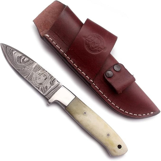 Handmade Damascus Steel Knife for Hunting,Survival,Camping,Bushcraft,and Fishing-Fixed Blade Dagger with Drop Point Full Tang-Micarta Handle with Cowhide Leather Sheath DCX 22 -250