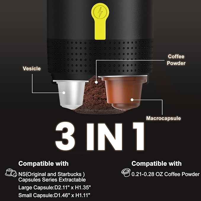 Portable Espresso Maker,3-in-1Portable Coffee Maker,20 Bar Mini Espresso Machine,Self-Heating Travel Espresso Maker Compatible with NS, DG Pods & Ground Coffee, for Camping Hiking,Office,RV