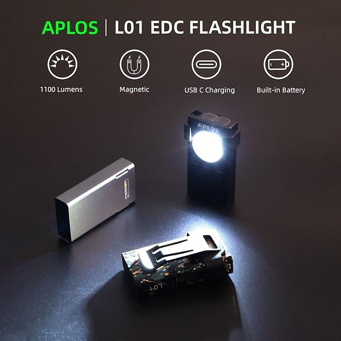 APLOS L01 1100 Lumens Rechargeable Mini EDC Flashlight, Magnetic Base & Clip, Bright Pocket Flashlight for Outdoor, Emergencies, Powered by Built-in Battery, Type-C Charging (Camouflage)