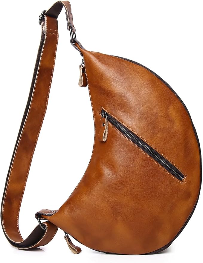 KPYWZER Genuine Leather Sling Bag for Men Women Crossbody Purse Chest Bag Shoulder Backpack Motorcycle Pack Satchel Casual Hiking Travel Daypack