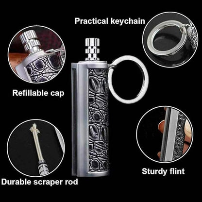 Fire Starter Lighter Waterproof Flint Match Outdoor Camping Permanent Metal Matchstick with Keychain(Sold Without Fluid) (Silver+Silver)