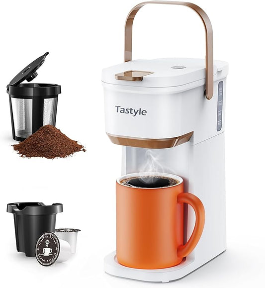 Single Serve One Cup Coffee Maker, for K Cups and Grounds, Mini Coffee Maker with Portable Handle, 6 to 12 Oz Brew Size, for Travel, Camping, Office, RV and Dorm, White and Brown
