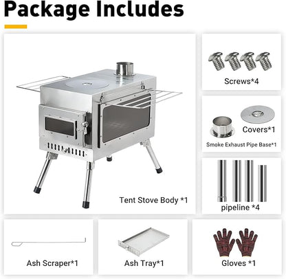 Outdoor Camping Stove Camp Tent Stove, Portable Wood Burning Stove with Chimney Pipe for Tent, Shelter, Camping Heating and Cooking (Pipe Diameter: 2.95")