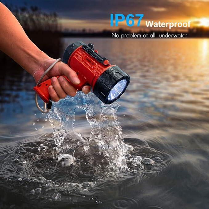 YIERBLUE Rechargeable Spotlight with 200000 Lumen LED, IP67 Waterproof Handheld Flashlight Searchlight with Detachable Red Light Filter, 10000mAh Long Running