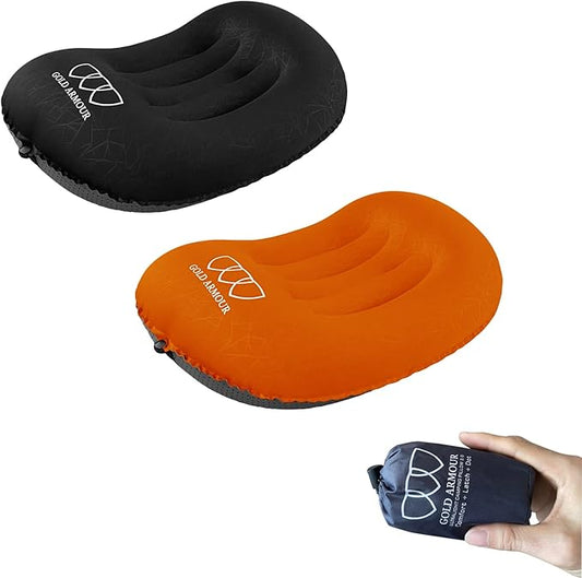 Gold Armour Inflatable Camping Pillow Backpacking Pillow Lightweight Travel Air Pillow Ultralight Ergonomic Pillow Portable for Airplanes with Neck & Lumbar Support (2 Pack) (Black & Orange)