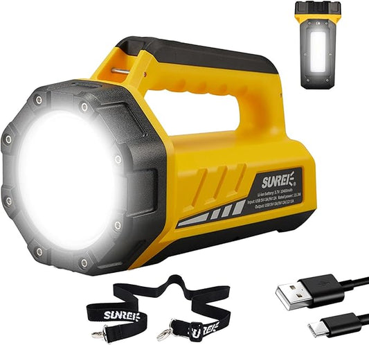 SUNREI Rechargeable LED 1200LM Flashlight, 8 Light Modes Portable Camping Lantern, 10400mAh Power Bank, IP67 Waterproof for Emergencies Power Outages, Hurricane Emergency, Hiking, Home, etc