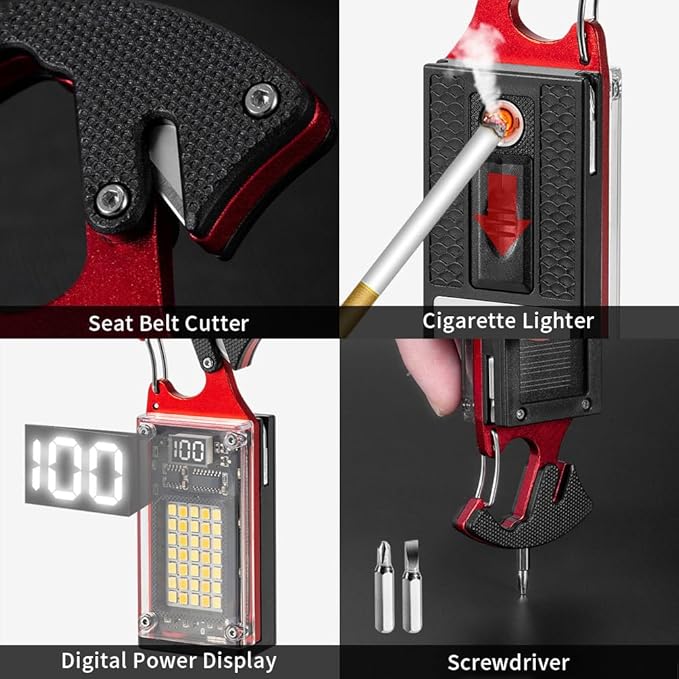 LED Multitool Small Flashlight, Keychain Light, COB Multi-Function Mini Work Light, 1000 Lumens Rechargeable, 8 Lighting Modes, Fire Starter, Seat Belt Cutter, Screwdriver, Red