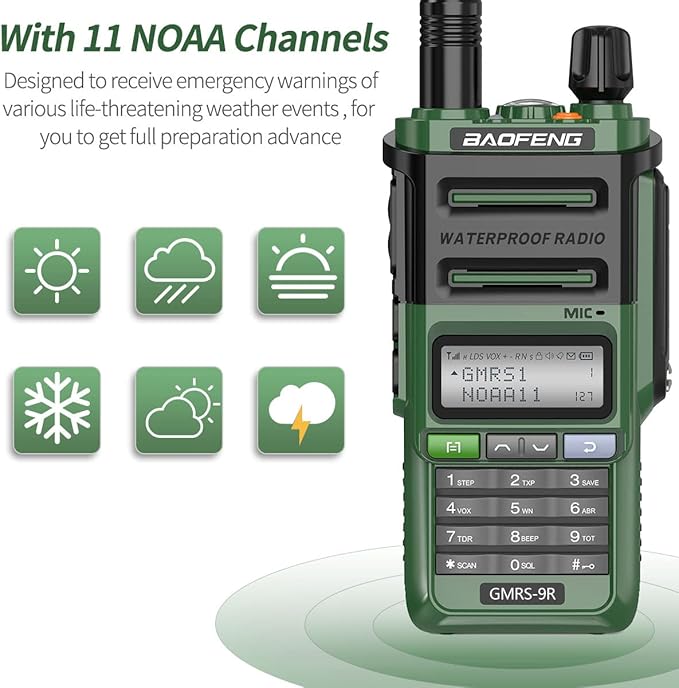 GMRS Radio Baofeng GMRS-9R 5W Rechargeable Two Way Radio for Adults,Waterproof IP67,NOAA Scanning and Receiving with Extra Original Battery,Programming Cable,Tactical Antenna,Speaker Mic,Tactical Bag