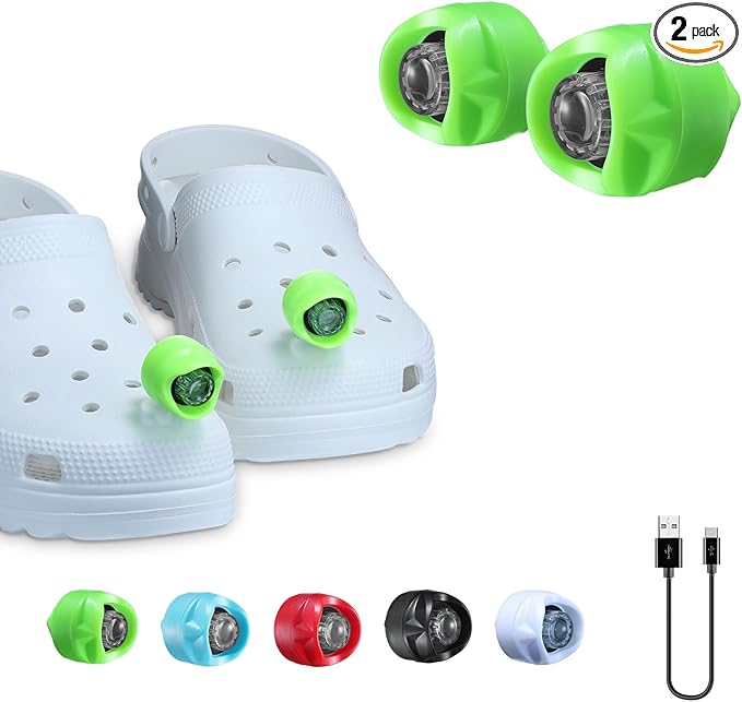 RAHAN Rechargeable Headlights for Croc 2pcs,Flashlights Attachment for Crocs, LED Shoes Light with 3 Light Modes for Dog Walking, Camping, Running, Suitable for Adults Kids, Green