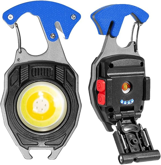 LED Small Flashlight Multitool, Rechargeable Keychain Light, COB Multi-Function Mini Work Light, 500 Lumens, 7 Lighting Modes with Electric Lighter, Seat Belt Cutter, Screwdriver, Whistle