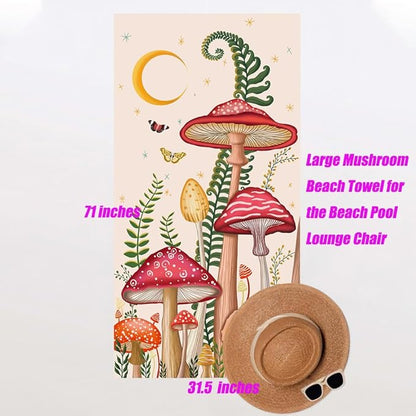 Microfiber Oversized Lightweight Terry Mushroom Beach Towel 71"x31.5" XL Extra Large Thick Sand Free Towels Travel Swim Pool Yoga Gym Camping for Women Men Beach Essentials Accessories Vacation Gift