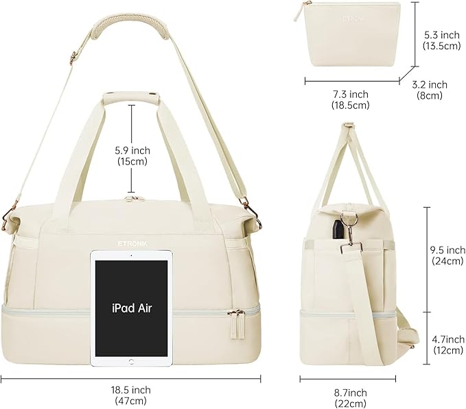 ETRONIK Gym Bag for Women, Personal Item Travel Bag with Shoes Compartment, Weekender Overnight Duffel Bag with Wet Pocket & USB Charging Port, Carry On Bag for Women, Travel, Gym, Weekend (Beige)