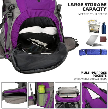 King'sGuard 70L Hiking Backpack Large Lightweight Waterproof Camping Backpack Travel Backpacking Backpack Daypack with Rain Cover -Frameless (Purple)