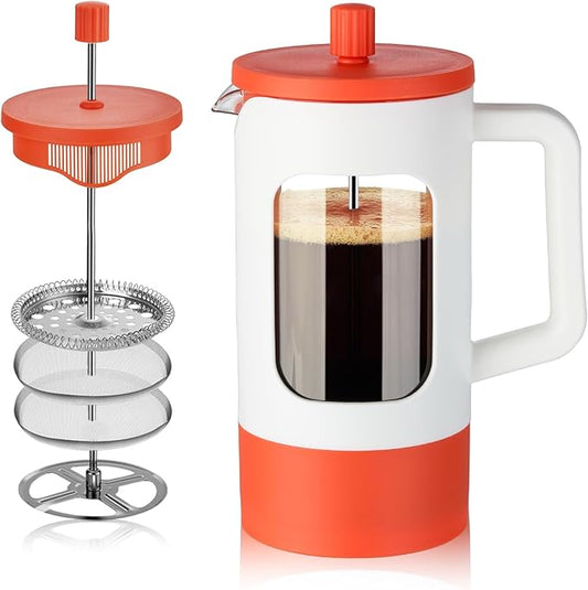 YOLIFE French Press Coffee Maker, 34 oz / 4 Cup Coffee Tea Press with Heat-resistant Borosilicate Glass, 4-Level Filtration Systems, Cold Brew Coffee Maker for Camping Travel Gifts, White and Orange