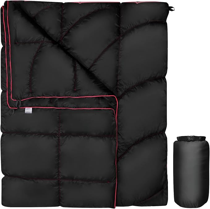 Outdoor Puffy Camping Blanket, Lightweight Down Alternative Puffy Printed Camping Large Ultra Warm Hammock Top Quilt Waterproof Blanket for Traveling Picnic Beach Party Cold Weather (black waves)