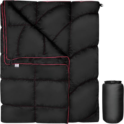 Outdoor Puffy Camping Blanket, Lightweight Down Alternative Puffy Printed Camping Large Ultra Warm Hammock Top Quilt Waterproof Blanket for Traveling Picnic Beach Party Cold Weather (black waves)